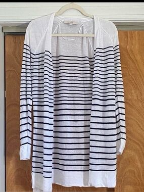 LOFT Striped Open Front Cardigan Ramie Blend Lightweight Summer Layer S